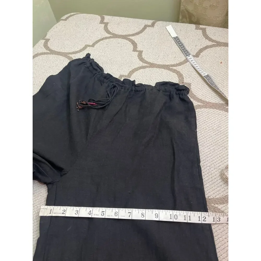 Zara black, high-waisted linen wide-leg pull on pants, tassels, size medium